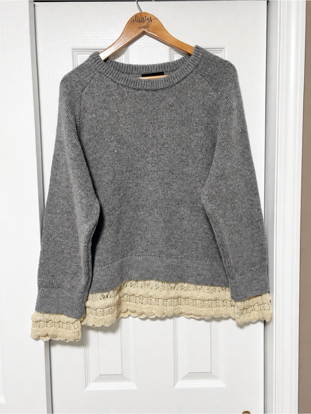 Zara Combined Knit Sweater Gray Pointelle Lace Hem Oversized Size M